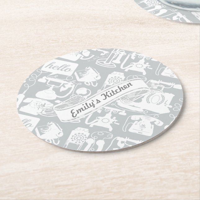 Personalise Hello Grey or Any Colour Retro Phone Round Paper Coaster (Angled)