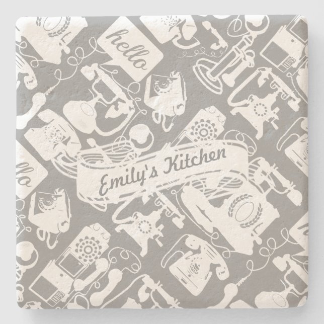 Personalise Hello Grey or Any Colour Retro Phone Stone Coaster (Front)