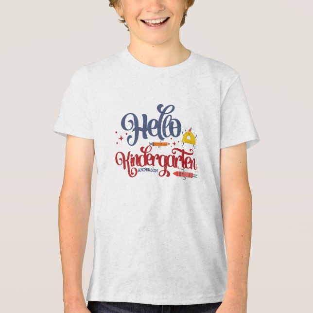 Personalise Hello kindergarten Typography Tri-Blend Shirt (Front)