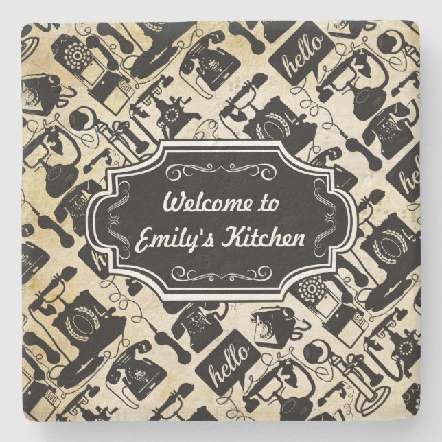 Personalise Hello Welcome to Kitchen Retro Phone Stone Coaster (Front)