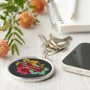 Personalise Hibiscus Flowers Blue Pink Orange Key Ring