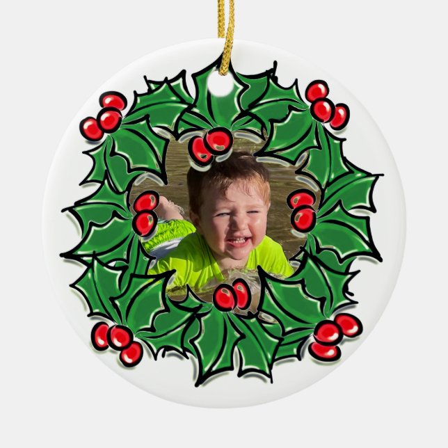 Personalise Holly Leaves berries Christmas wreath  Ceramic Tree Decoration (Front)