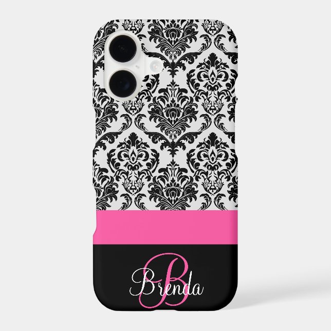 Personalise Hot Pink Black Damask Pattern (Back)