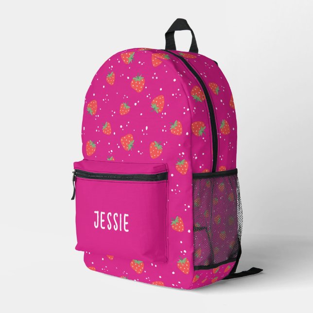 Personalise Hot Pink Strawberry Name Girl  Printed Backpack (Back Corner Right)