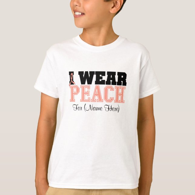 Personalise I Wear Peach Ribbon Uterine Cancer T-Shirt (Front)