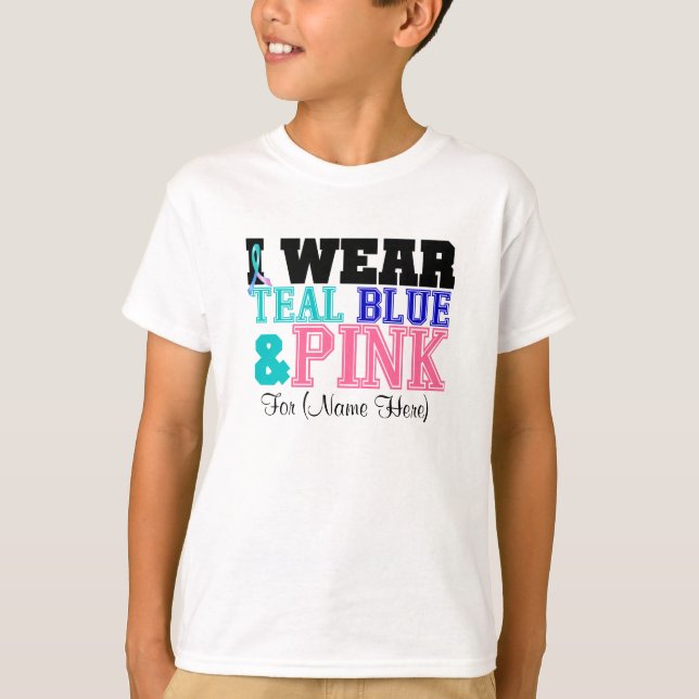 Personalise I Wear Teal Pink & Blue Thyroid Cancer T-Shirt (Front)