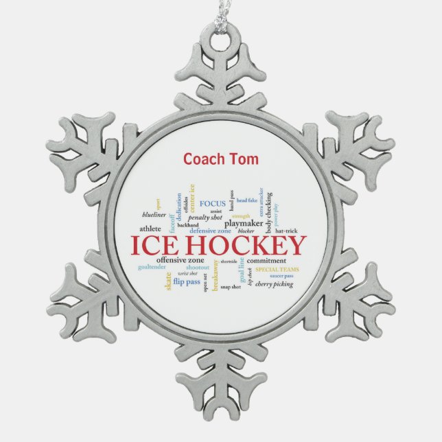 Personalise, Ice Hockey Coach Thank You in Words Snowflake Pewter Christmas Ornament (Front)