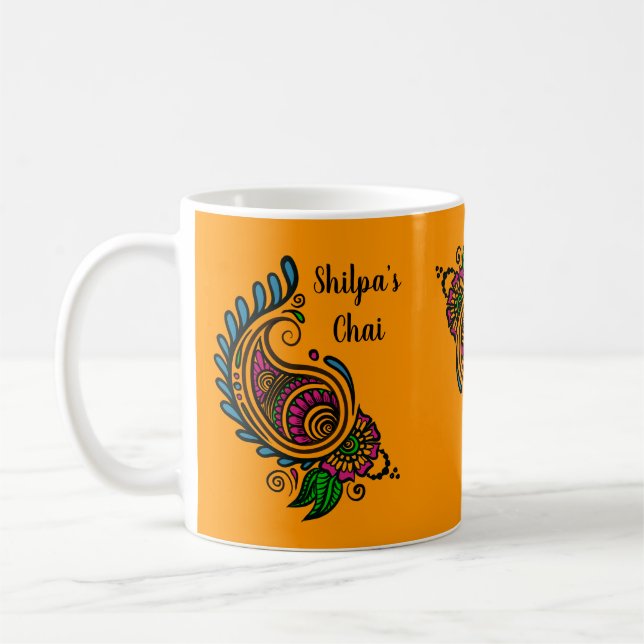 Personalise Indian Orange Paisley Chai Mug (Left)