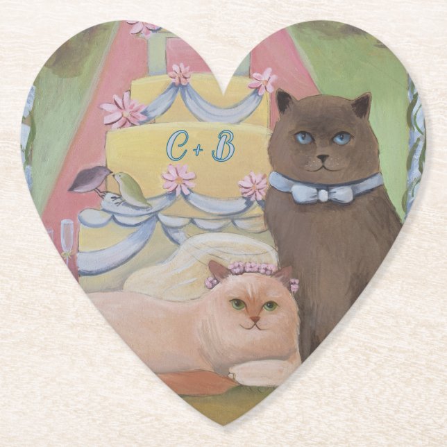Personalise Initials Wedding Cats  Paper Coaster (Front)