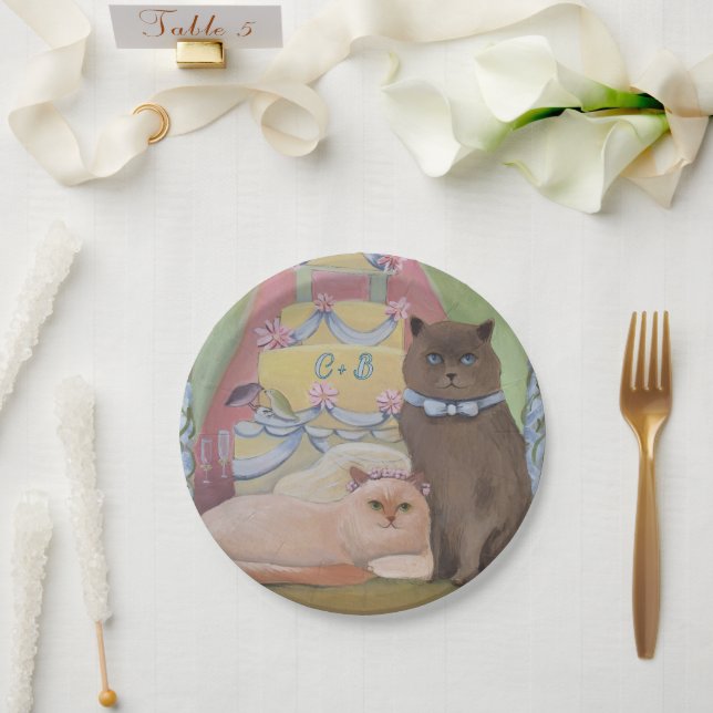 Personalise Initials Wedding Cats Paper Plate (Wedding)