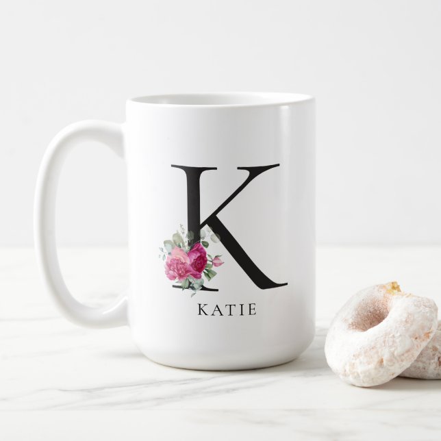 Personalise It! Sweet Peonies Initial 15oz Mug (With Donut)