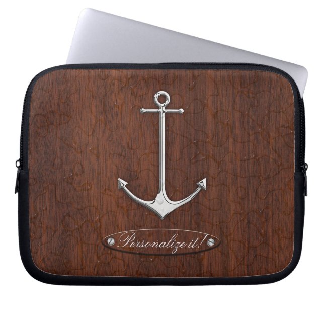 Personalise it! Wet Nautical Mahogany Anchor Steel Laptop Sleeve (Front)