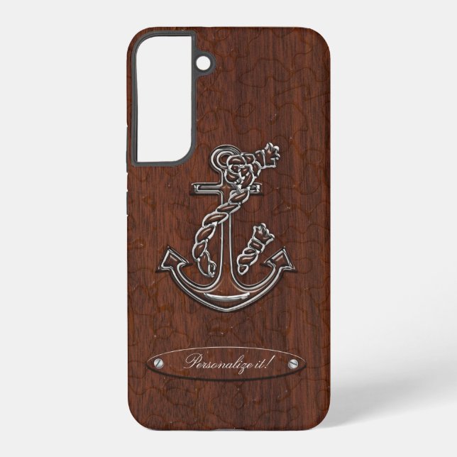 Personalise it! Wet Nautical Mahogany Anchor Steel Samsung Galaxy S22+ Case (Back)