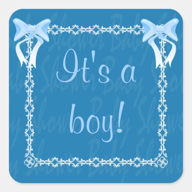 Personalise It's a boy Baby shower Blue bows Square Sticker (Front)