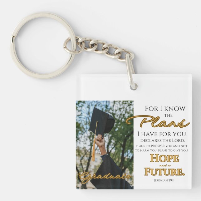 Personalise Jeremiah 29:11 Grad Cap Scripture Key Ring (Front)