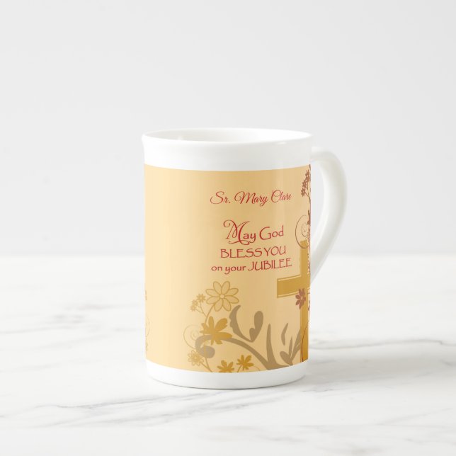 Personalise, Jubilee Anniversary Nun Cross, Swirls Bone China Mug (Front Right)