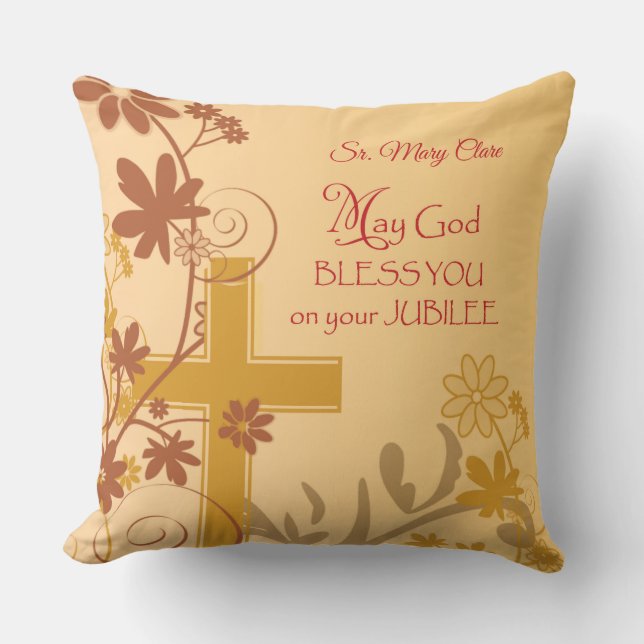 Personalise, Jubilee Anniversary Nun Cross, Swirls Cushion (Front)
