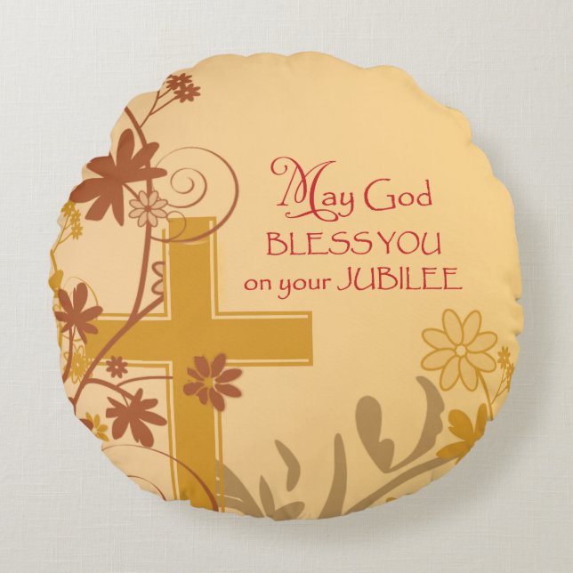 Personalise, Jubilee Anniversary Nun Cross, Swirls Round Cushion (Front)