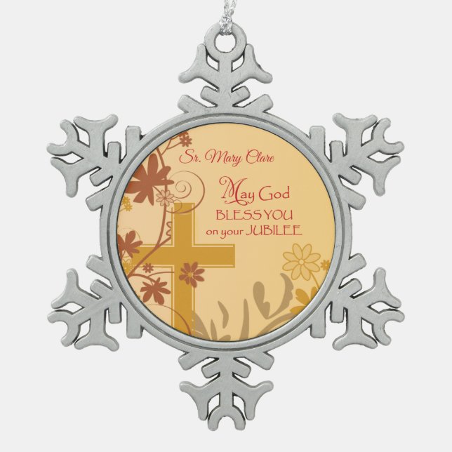 Personalise, Jubilee Anniversary Nun Cross, Swirls Snowflake Pewter Christmas Ornament (Front)