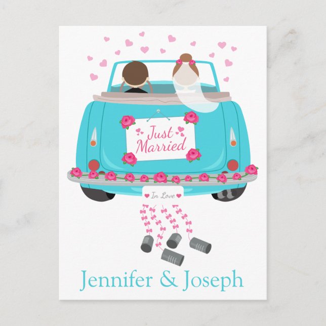 Personalise Just Married Blue Wedding Announcement Postcard (Front)