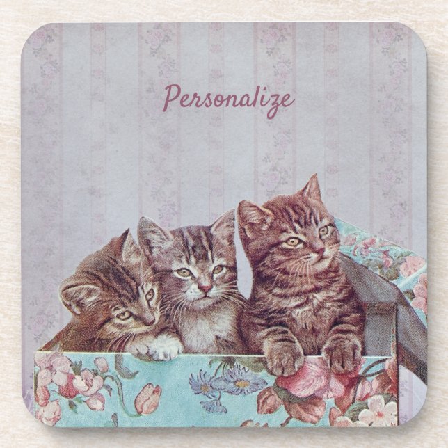 Personalise Kittens in Vintage Box Coaster (Front)