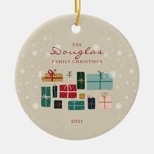 Personalise Kraft Family Christmas Gifts Ceramic Tree Decoration (Front)