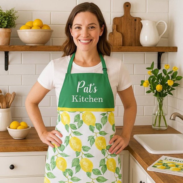 Personalise Lemon Citrus with Green Leaves Print Apron ( Fresh lemon-pattern apron with a customizable top—perfect for cooking, gifting, and everyday use)