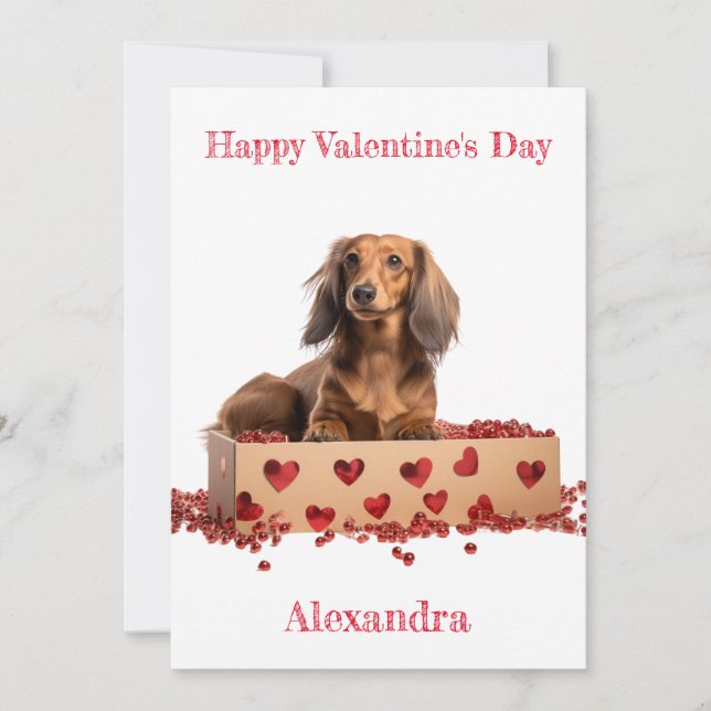 Personalise Long Hair Dachshund  Valentine Holiday Card (Front)