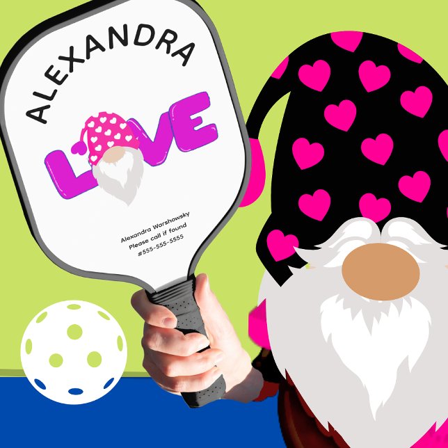 Personalise Love Gnome Heart Pink  Purple  Pickleball Paddle (Creator Uploaded)