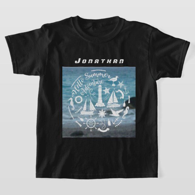 Personalise Marine Theme Hello Summer Adventure T-Shirt (Laydown)