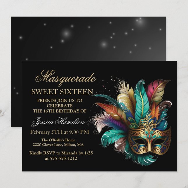 Personalise Masquerade Mask Teal  Glitter Sweet 16 Invitation (Front/Back)