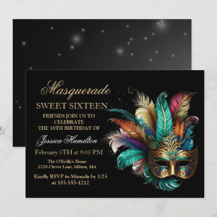 Personalise Masquerade Mask Teal  Glitter Sweet 16 Invitation