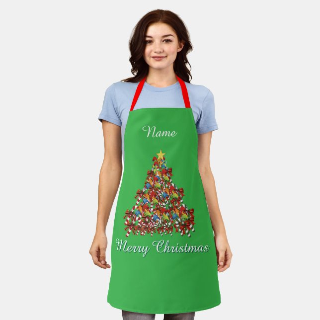 Personalise Merry Christmas Brt Green Holiday  Apron (Worn)