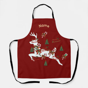 Personalise Merry Christmas Deer Dk Red Holiday Apron