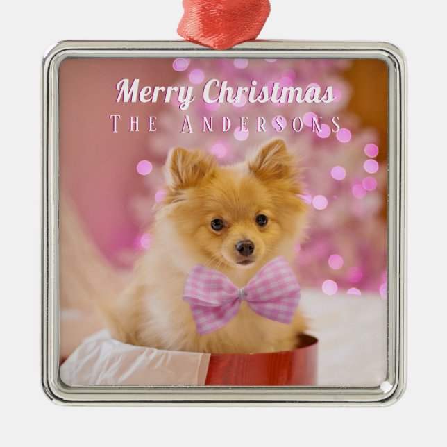 Personalise Merry Christmas & Name, Cute Dog/Tree Metal Tree Decoration (Front)