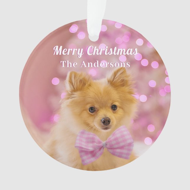 Personalise Merry Christmas & Name, Cute Dog/Tree Ornament (Front)