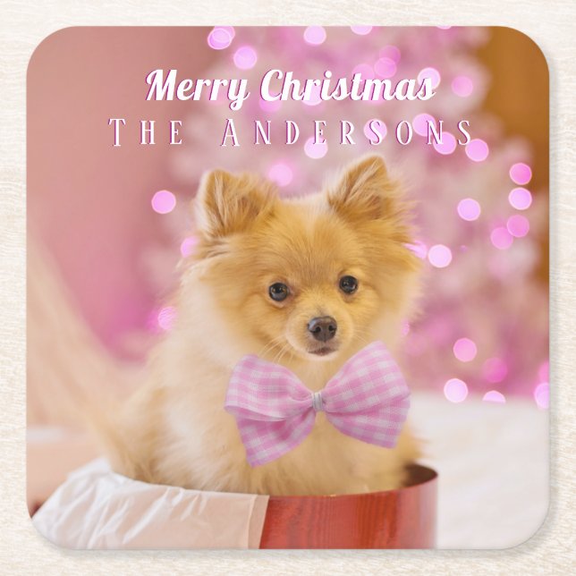 Personalise Merry Christmas & Name, Cute Dog/Tree Square Paper Coaster (Front)