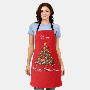 Personalise Merry Christmas Red Holiday Apron