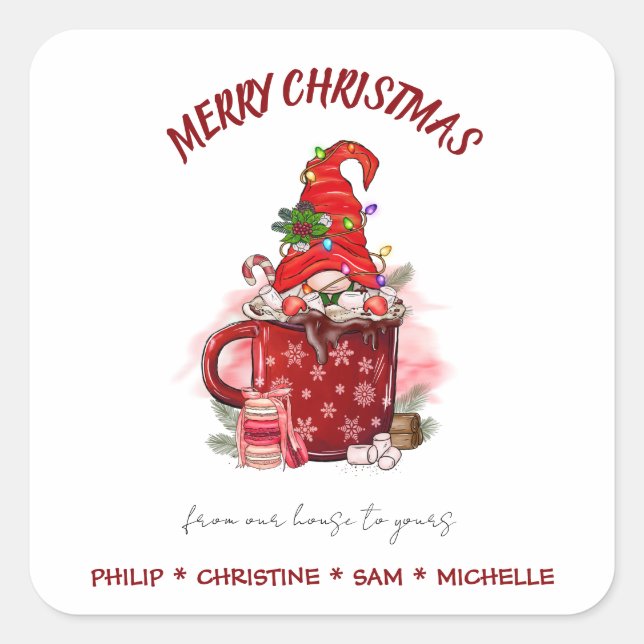 Personalise Merry Christmas Santa Gnome Square Sticker (Front)