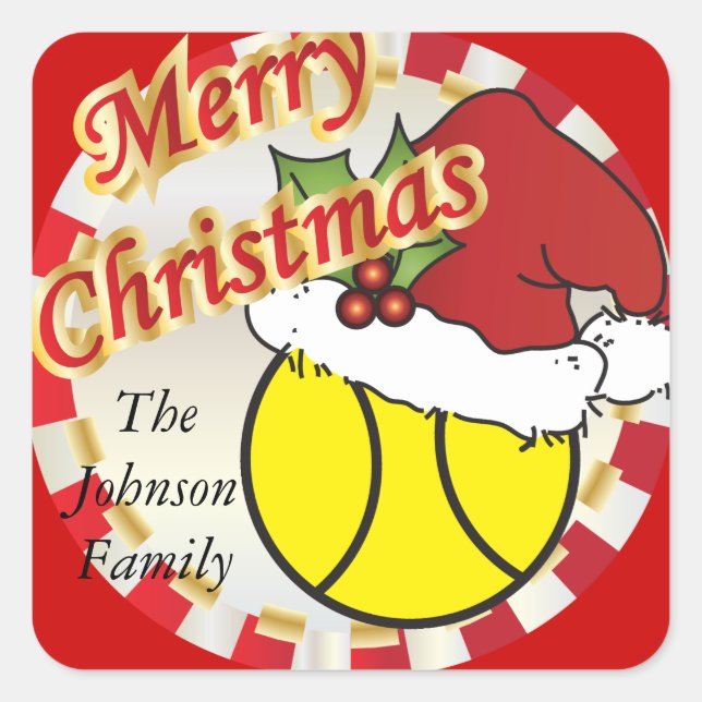 Personalise Merry Christmas Tennis Ball Square Sticker (Front)