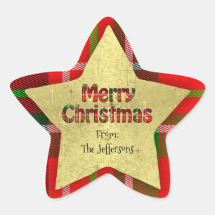 Personalise Merry Christmas Typography Tartan Star Star Sticker