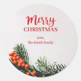 Personalise Merry Christmas Wreath Stripe Classic Round Sticker