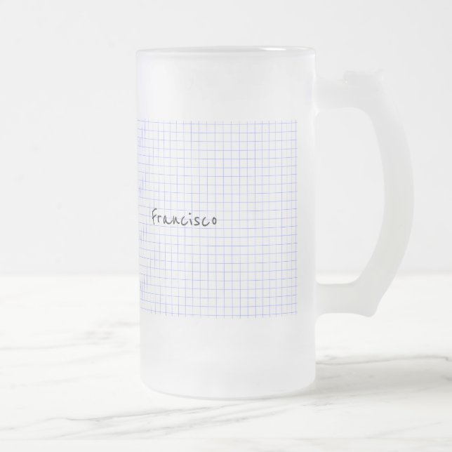 Personalise:  Minimalist Blue/White Grid Monogram Frosted Glass Beer Mug (Right)