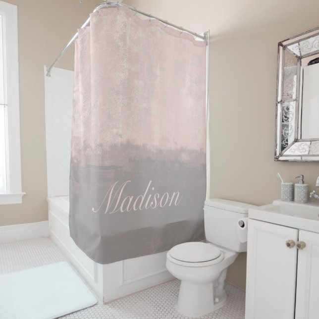 Personalise modern art style light pink grey shower curtain (In Situ)