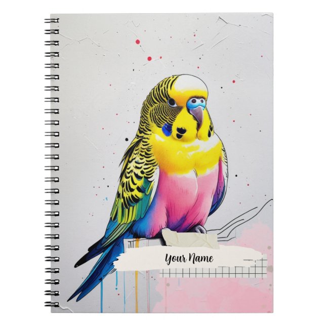 PERSONALISE Modern Colourful Parakeet Bird Noteboo Notebook (Front)
