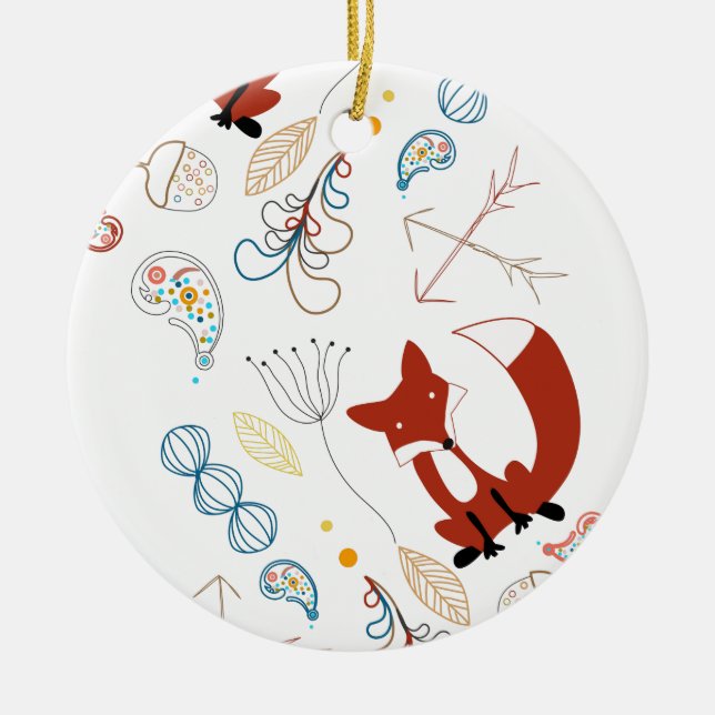 Personalise Modern Fox  Woodland Pattern Ceramic Tree Decoration (Front)
