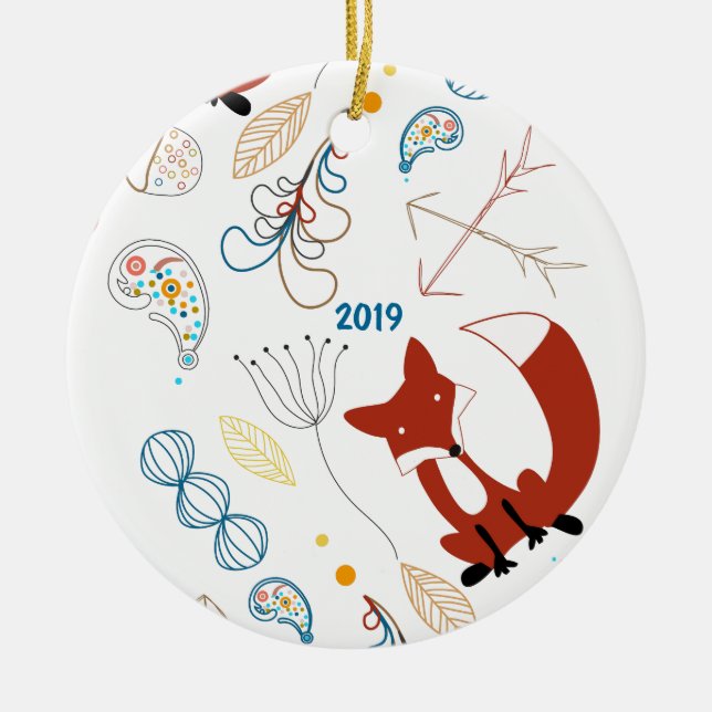 Personalise Modern Fox  Woodland Pattern Ceramic Tree Decoration (Front)