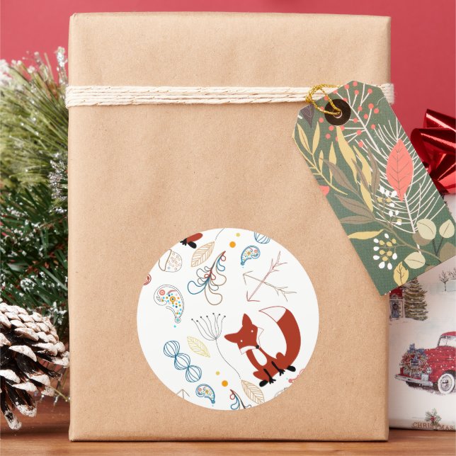 Personalise Modern Fox  Woodland Pattern Classic Round Sticker (Holiday)