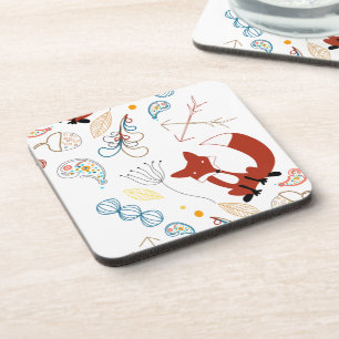 Personalise Modern Fox Woodland Pattern Coaster
