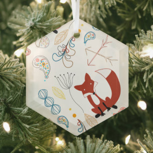 Personalise Modern Fox Woodland Pattern Glass Tree Decoration